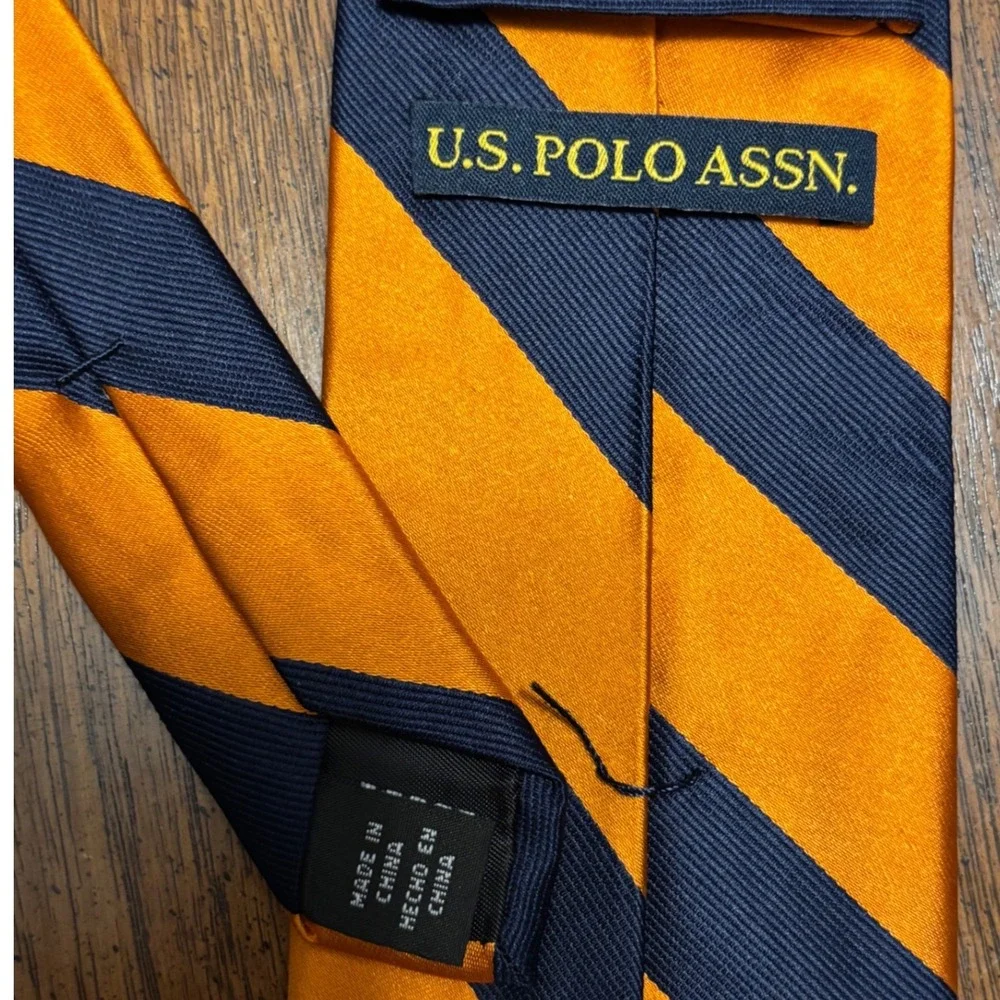 US Polo Assn‎ Mens Silk Necktie Orange Navy Blue Striped Repp Tie 57x3.5